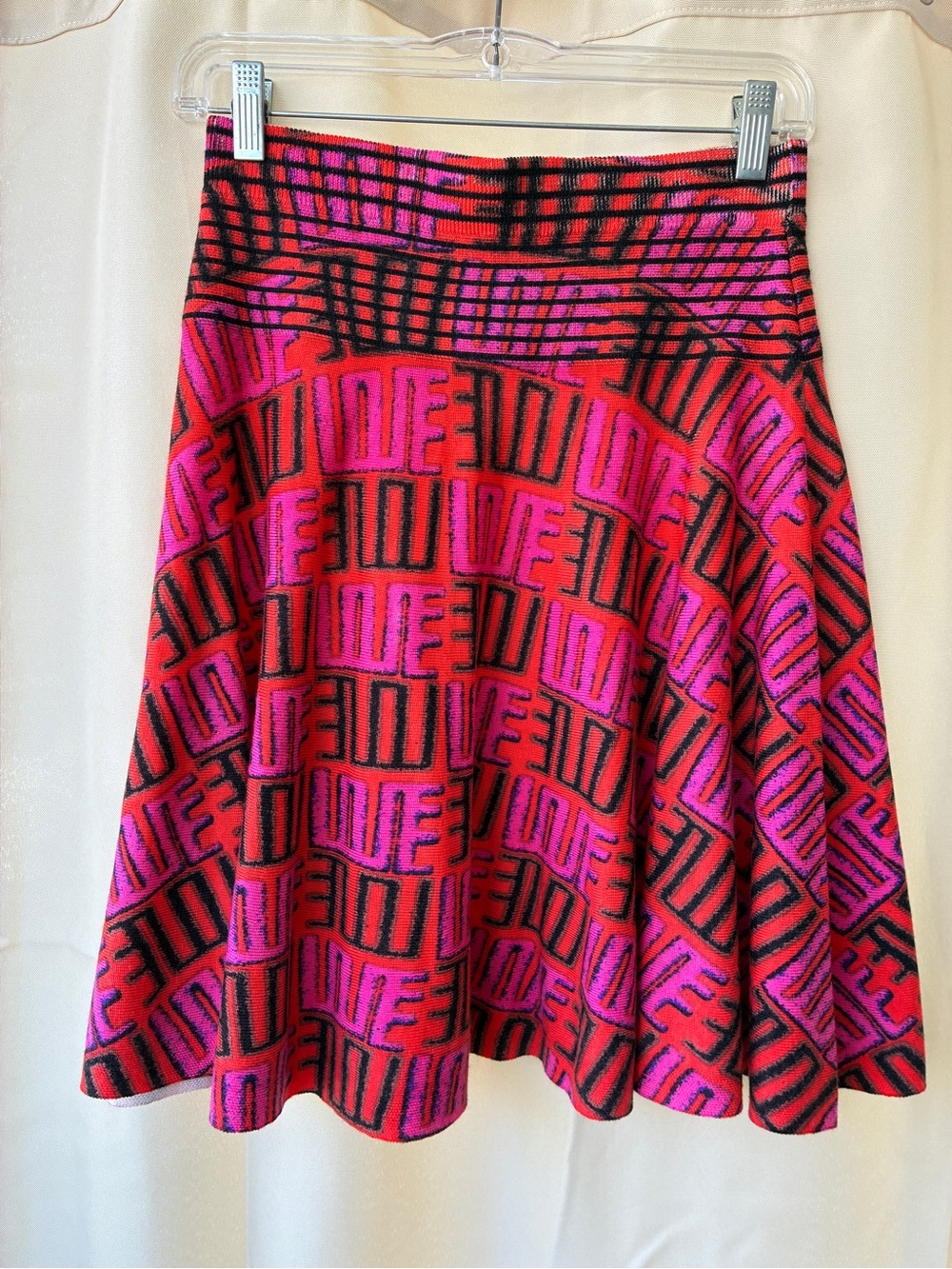 Kenzo Paris Love Print Wool Skirt Small Mod Mini Skater Knit Stretch Pink Red